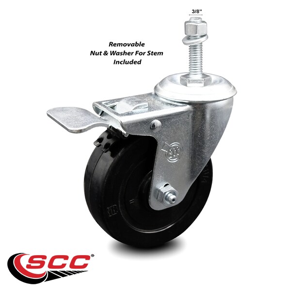 4 Inch Soft Rubber Wheel Swivel 3/8 Inch Stem Caster with Total Lock Brake SCC